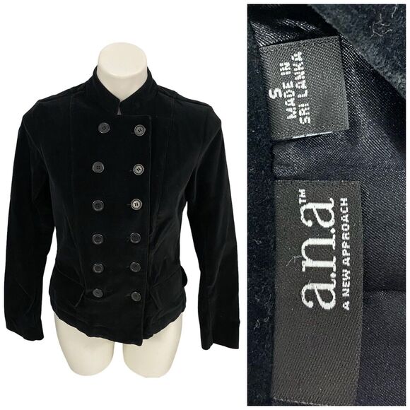 ANA Blazer Womens Small Black Velvet Double Breasted Work Office Jacket Holiday - Picture 1 of 15